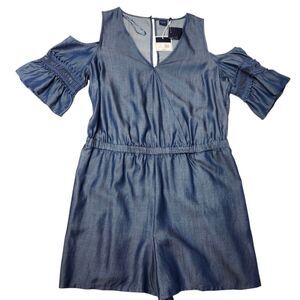 Kaari Blue Blue Chambray Cold Shoulder Romper Womens Large Pockets Cottagecore